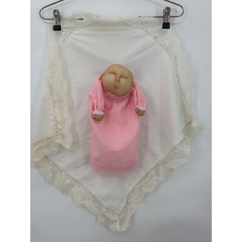 Vintage Soft Sculpture Sleeping Baby Hand Puppet Pink Fleece Lace Handkerchief